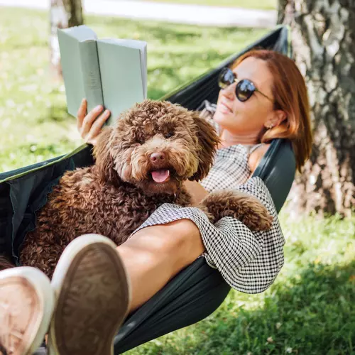 Kvinna läser bok med sin hund i en hängmatta
