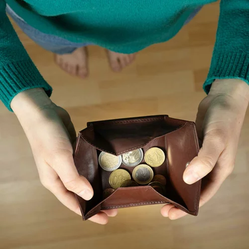 En person i grön tröja står med en öppen plånbok där några mynt ligger.