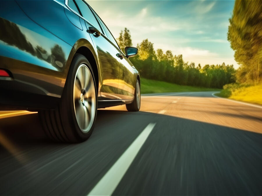 En svart bil kör på vägen i solen